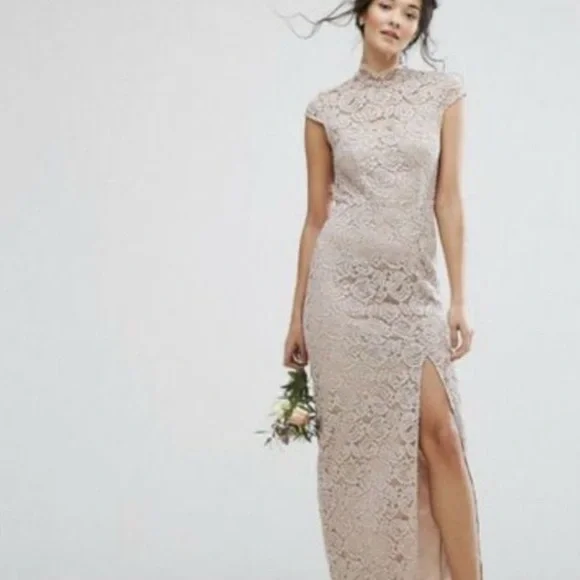 TFNC | Dresses | New Tfnc Beige High Neck Lace Dress With Cap Sleeve Size 6  | Poshmark